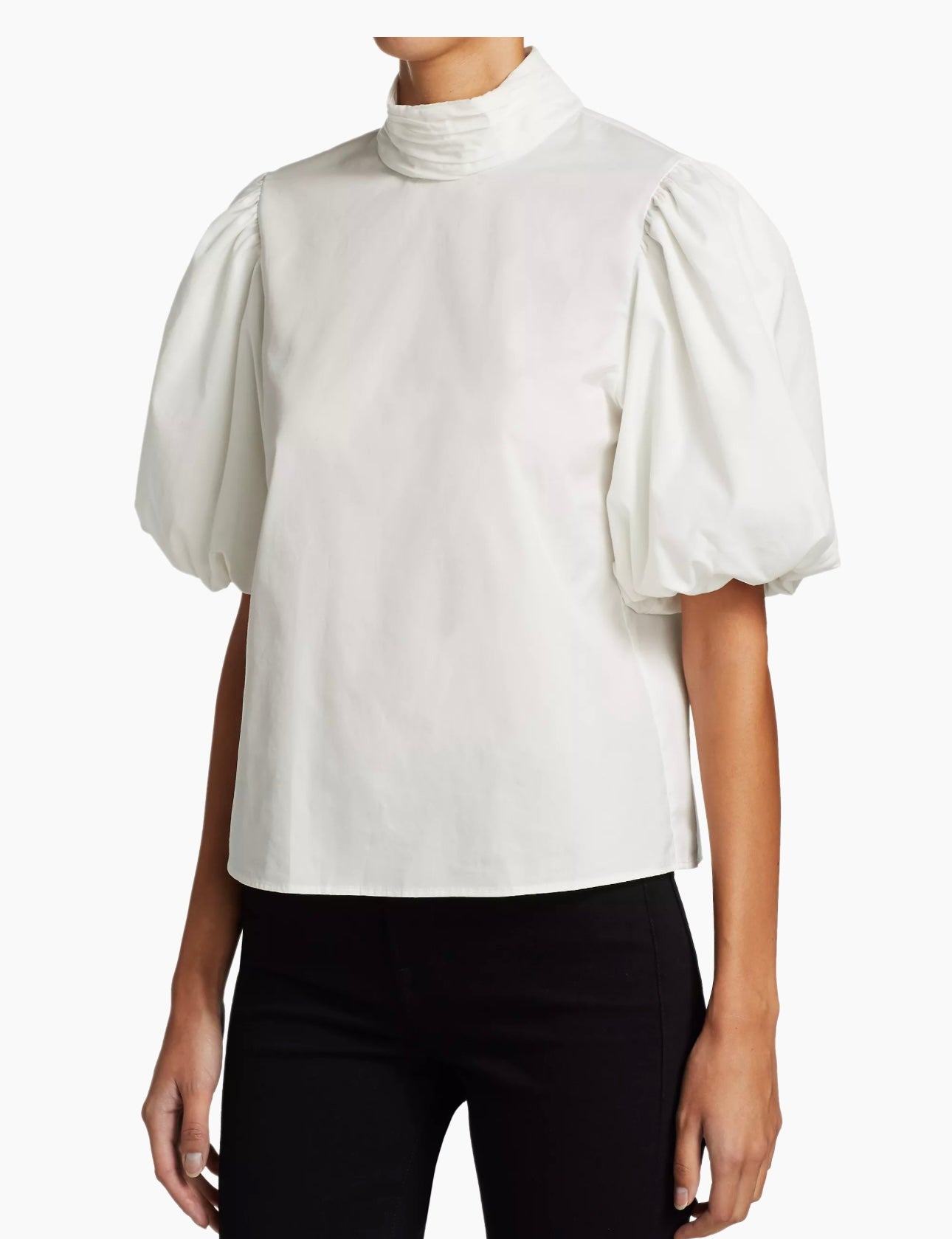 Frame Margot Puff-Sleeve Blouse White With a Ruched Highneck