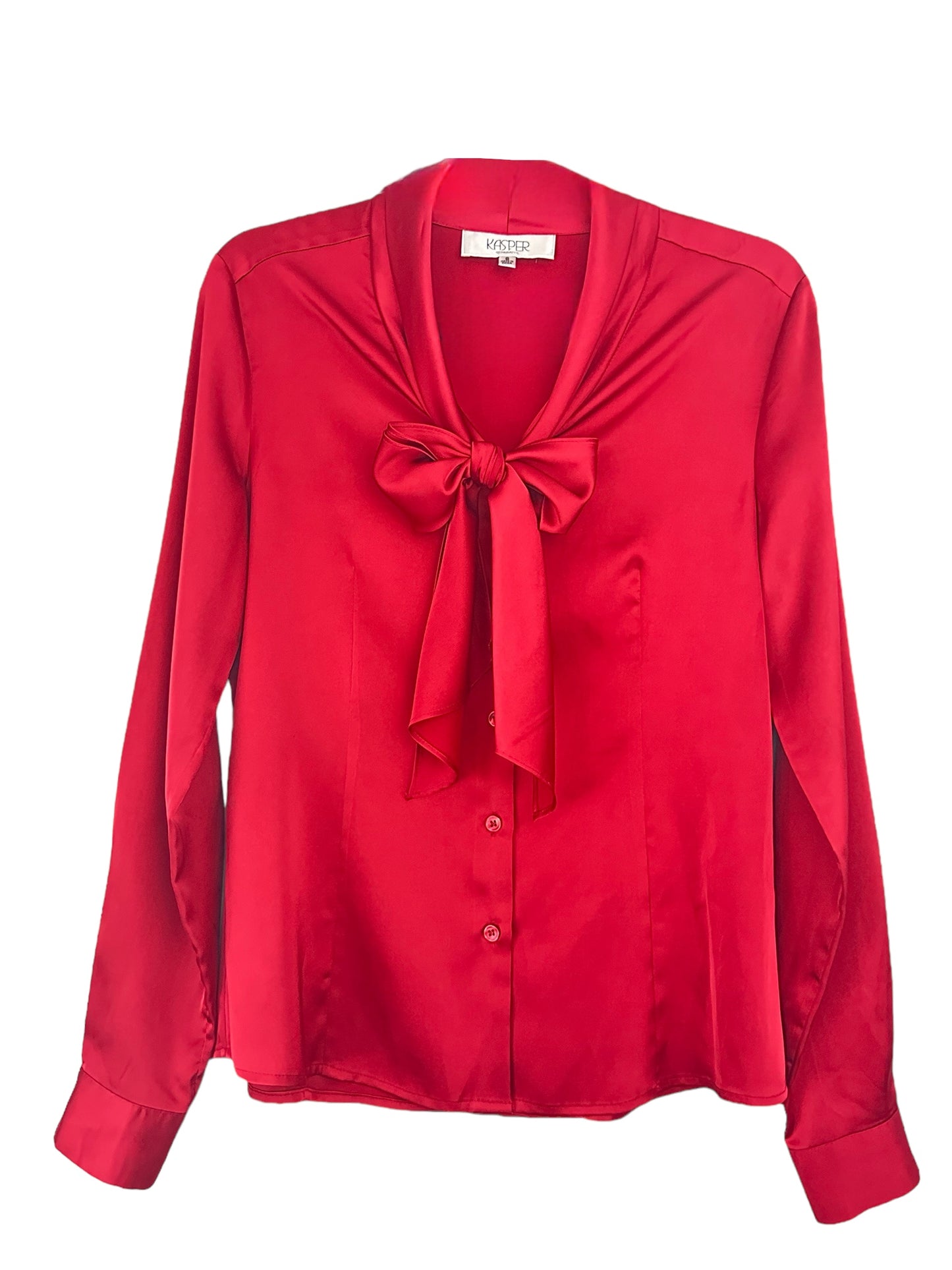 Kasper Bow Tie Long Sleeve Shirt Satin Red Blouse