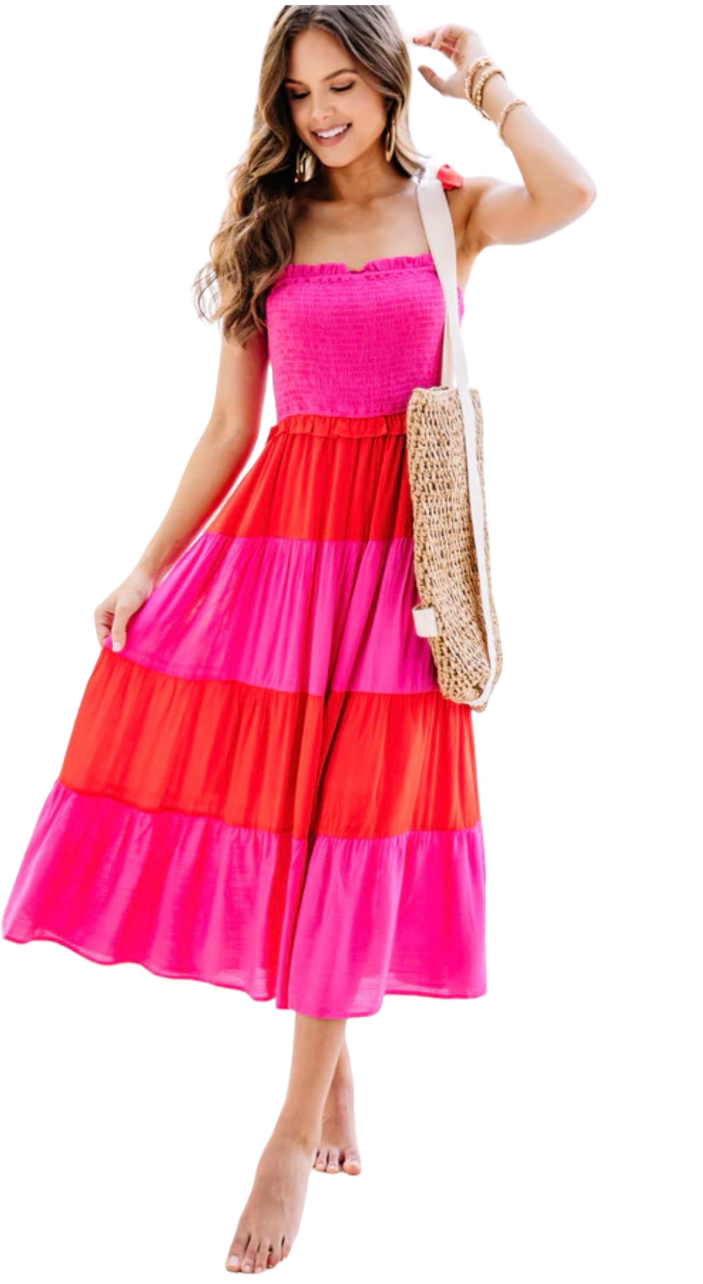 JODIFL Bow Shoulder Pink&RED Dress