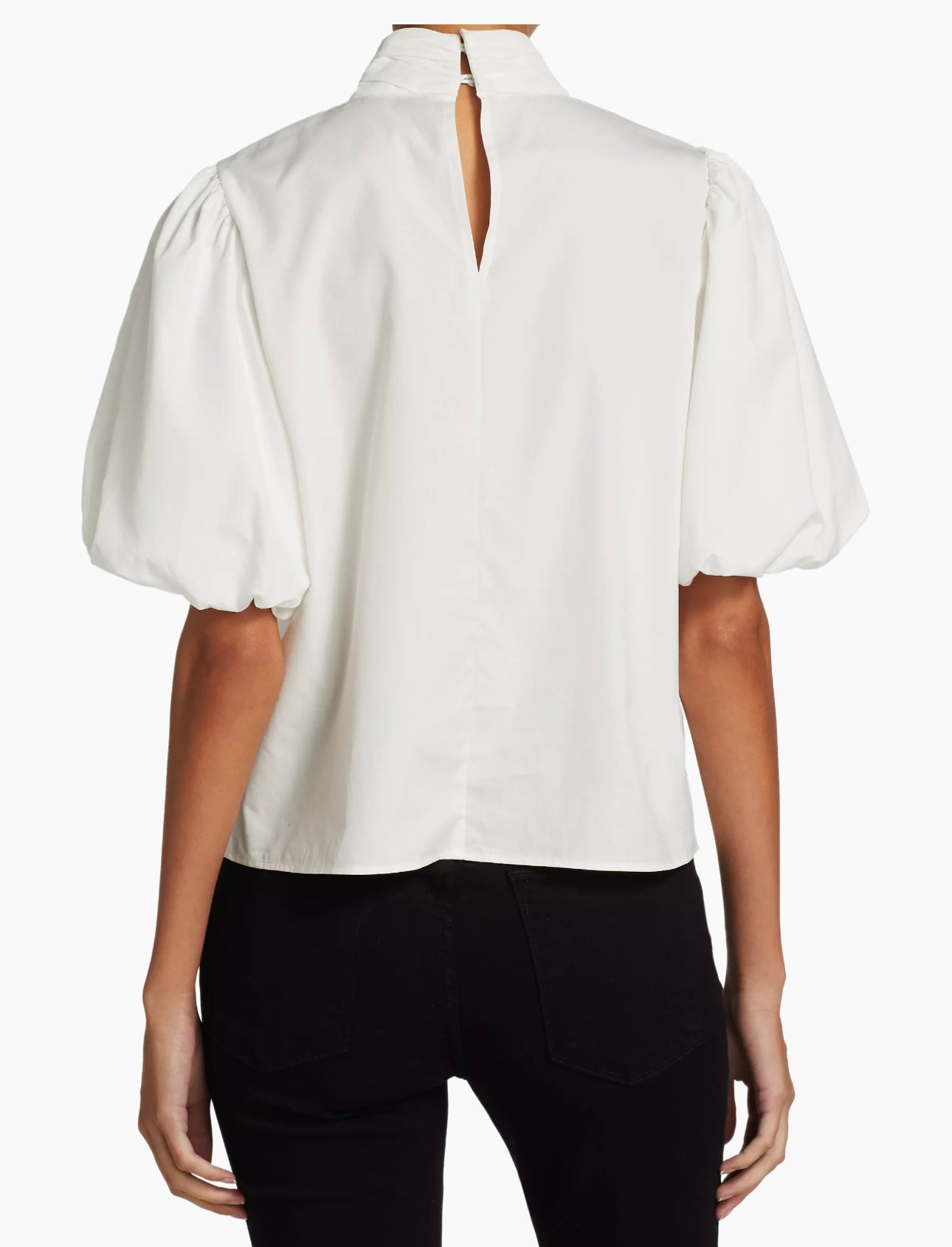 Frame Margot Puff-Sleeve Blouse White With a Ruched Highneck
