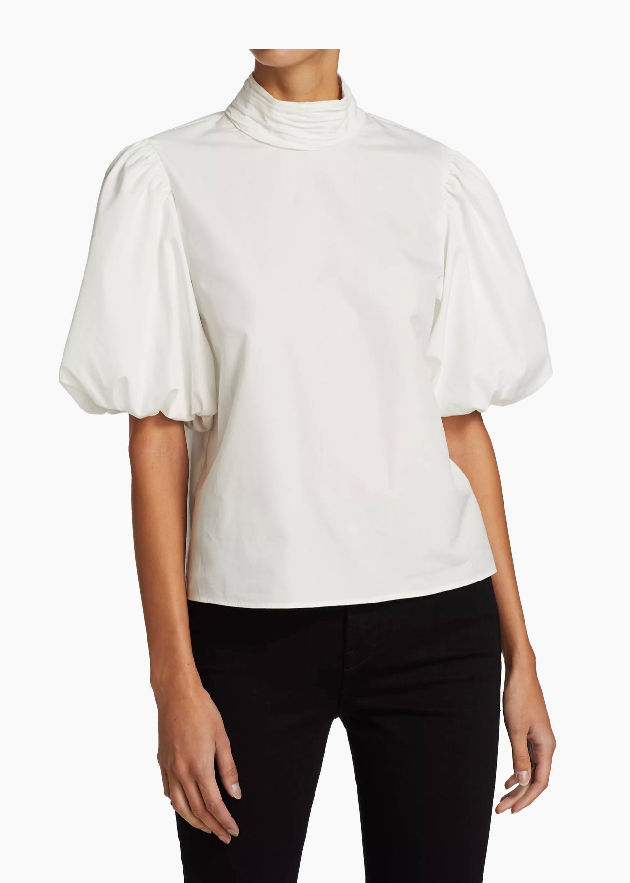 Frame Margot Puff-Sleeve Blouse White With a Ruched Highneck