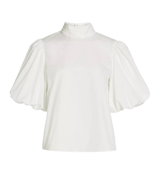 Frame Margot Puff-Sleeve Blouse White With a Ruched Highneck