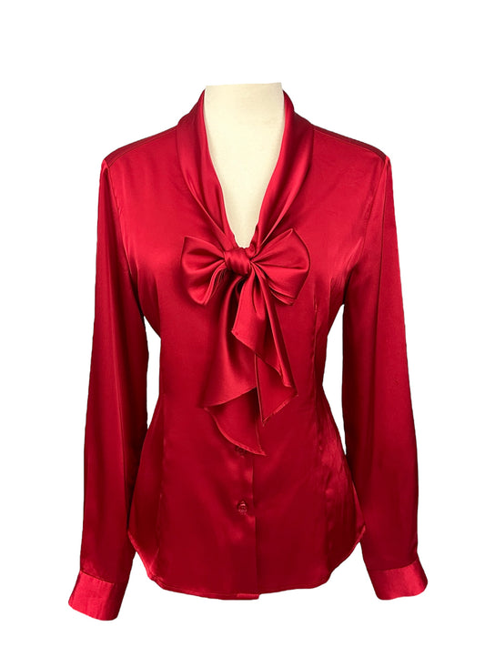 Kasper Bow Tie Long Sleeve Shirt Satin Red Blouse