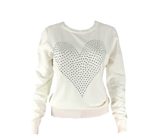 Vila Milano heart rhinestones long sleeve white sweater