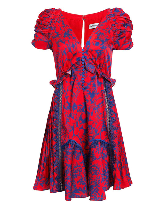 Self Portrait - Red Floral Print Satin Mini Dress